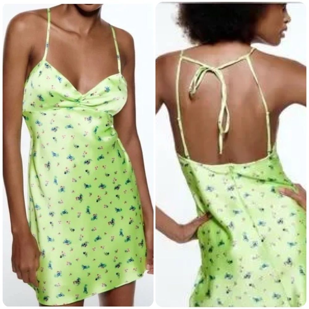 Zara Satin Mini Tie Back Slip Dress in Lime Green Floral | Size Medium